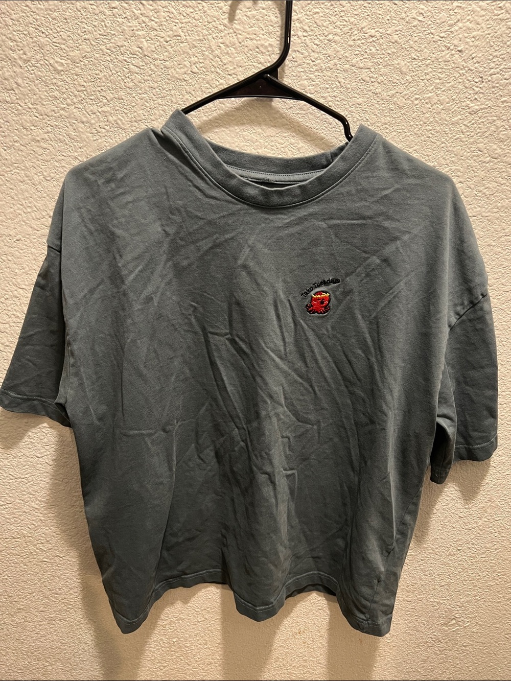 Relaxed Short Sleeve Tee in Dusky Blue with Embroidered Red Patch